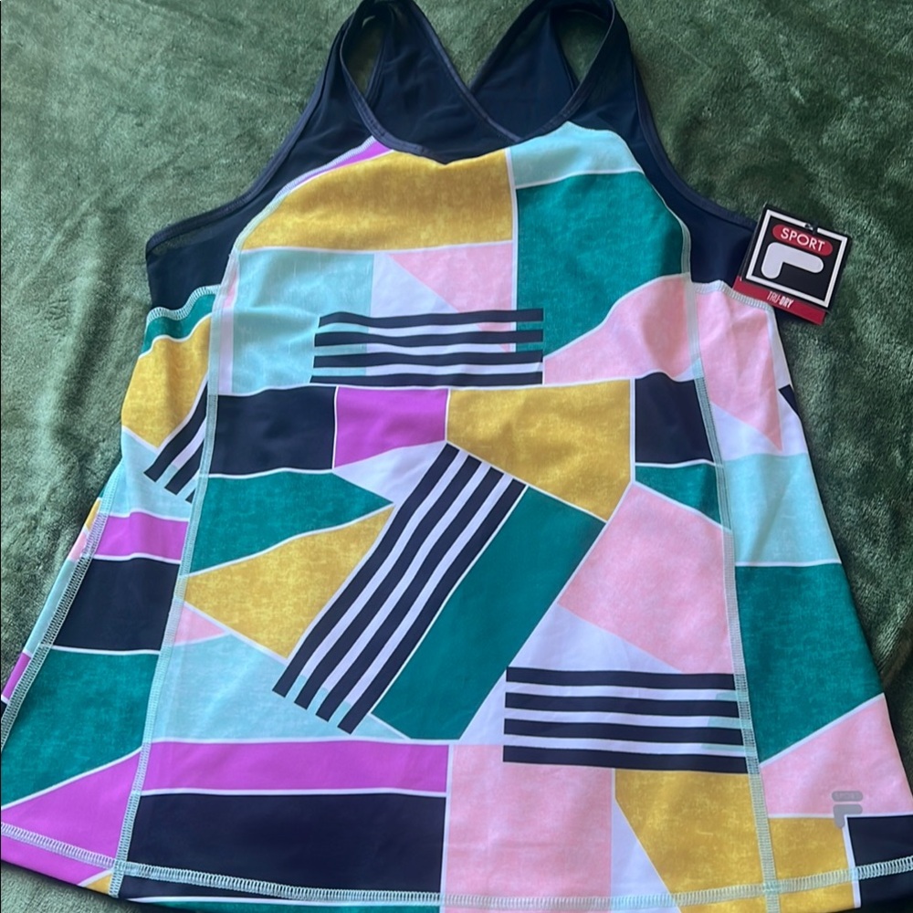 FILA Sport Tank Top Geometric Color Block Print - Teal, Pink, Yellow, Black Sz L